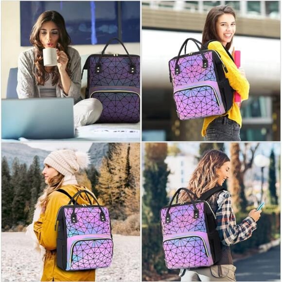 Geometric Luminous Backpack Holographic Reflective Bag Wallet Clutch Set - Picture 6 of 7